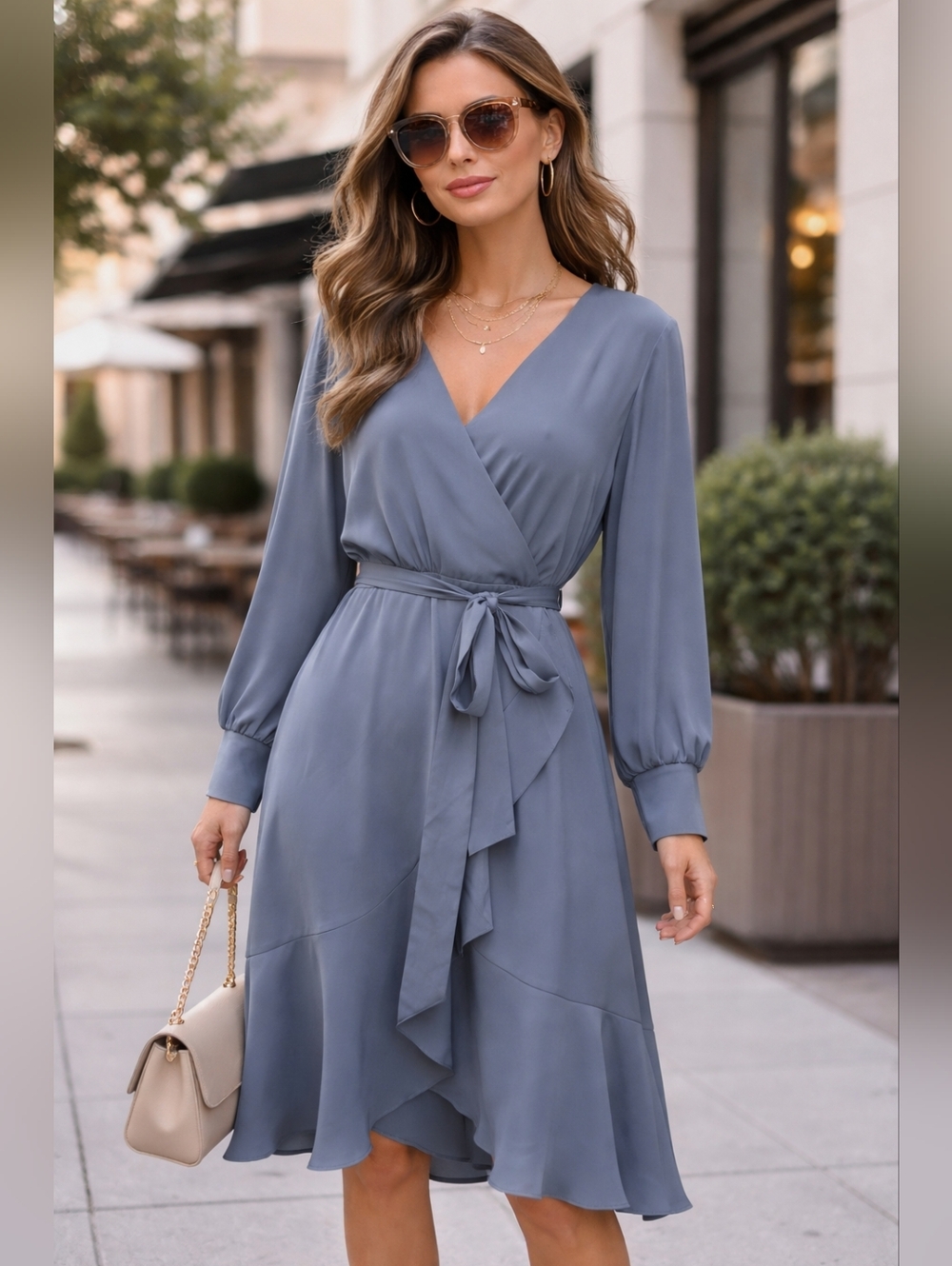 Ever New Slate Blue Long Sleeve Wrap Dress